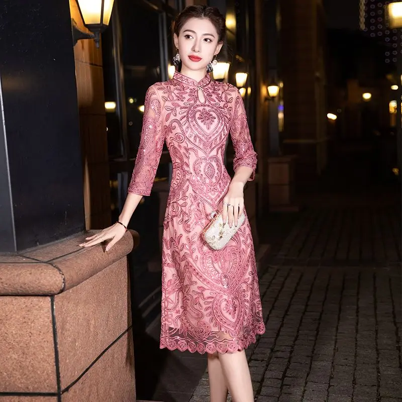 2023 Dress Women's Noble Mother's Dress High end Embroidery Spring/Summer Solid Color 3/4 Sleeve