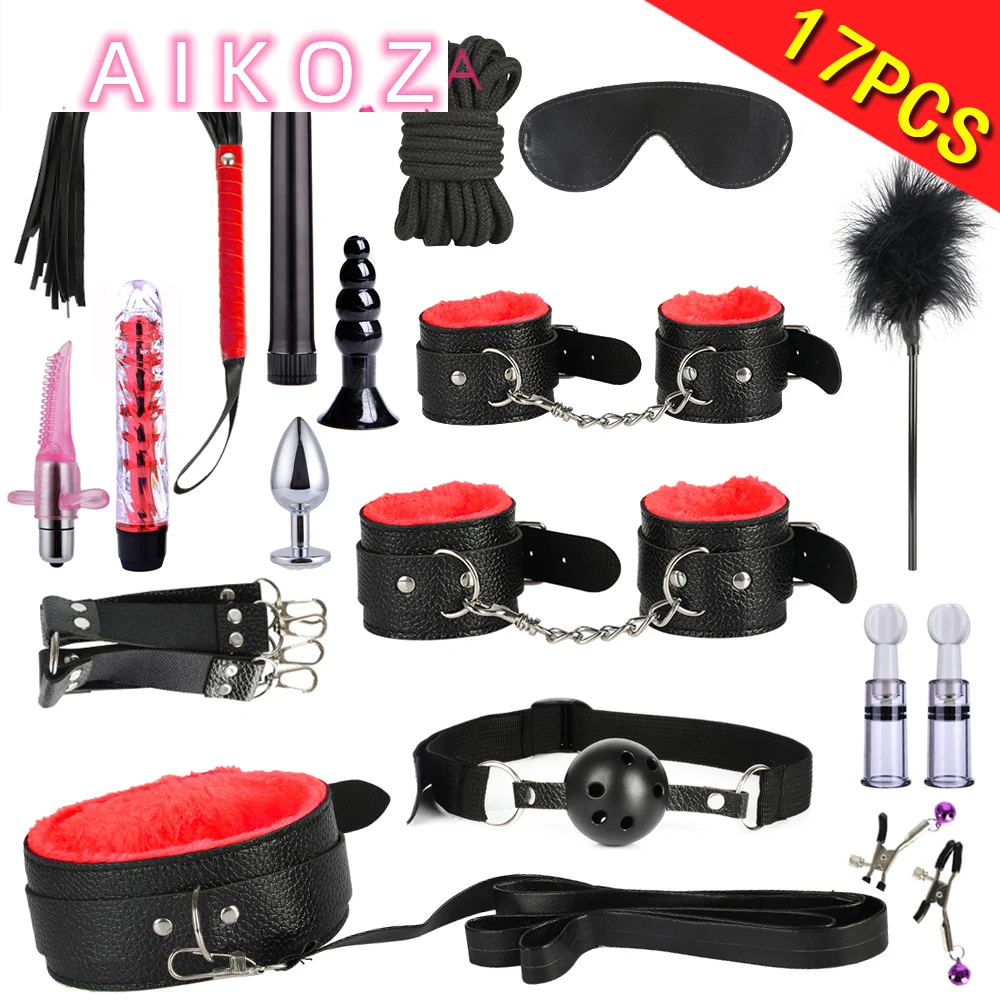 

Sex Vibrators 17 Pcs/Set Adult Sex Toys for Couples Vibrator Anal Dildo Plug Handcuffs Whip Spanking PU leather BDSM Fetish Tool