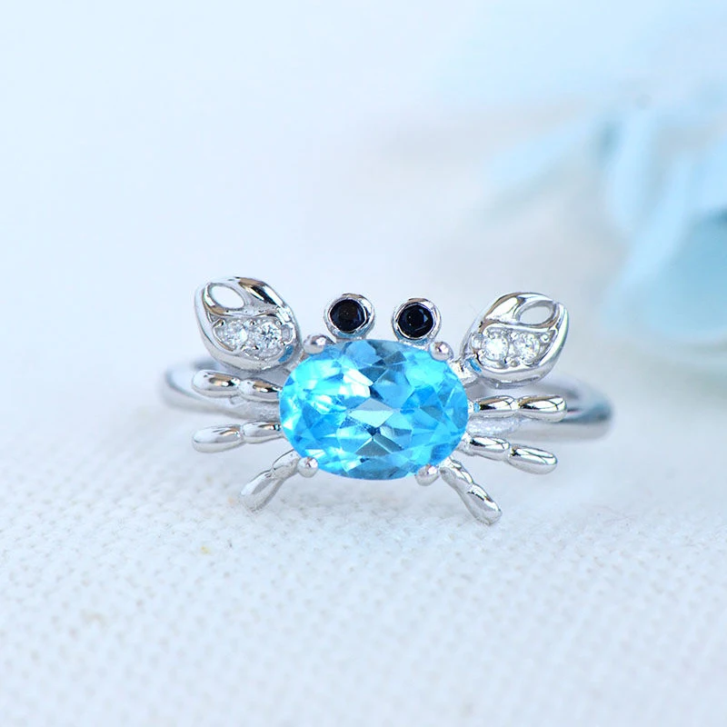 

Дизайнерское Новое серебряное кольцо с инкрустированным аквасиним драгоценным камнем, изысканное женское кольцо с маленьким крабом, откры...