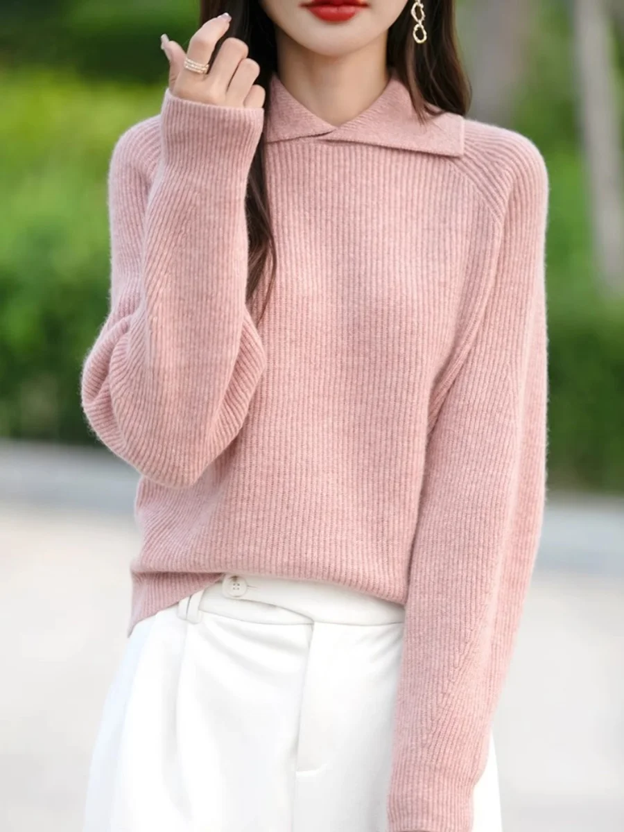 Тяжелый утолщенный свитер с лацканами женский теплый вязаный длинными рукавами