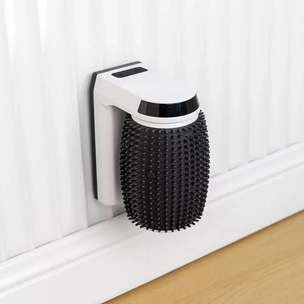 

Silicone Self Grooming Brush Battery Powered Automatic Rotating Massager with Storage Box Wall Mounted Pet Products