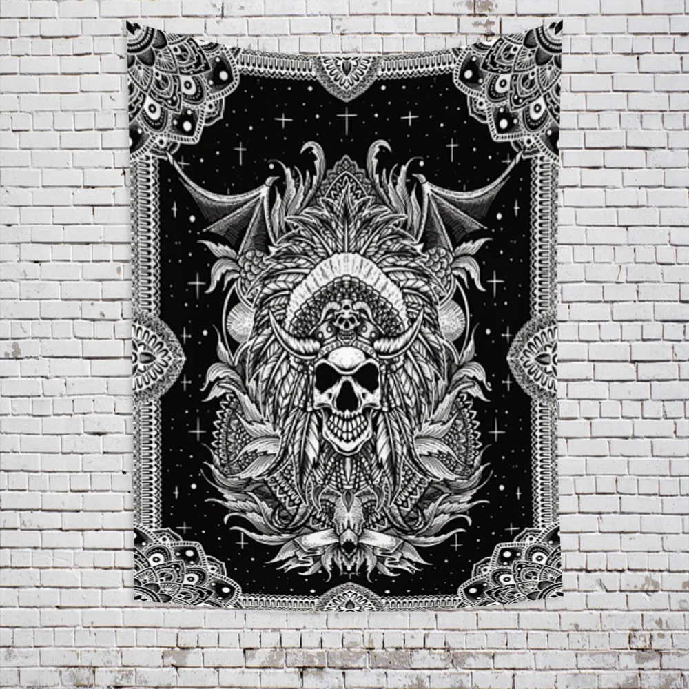 

Skull Black White Tarot Skeleton Devil Wings Mandala Tapestry Bohemian Divination Wall Hanging Occult Home Background Cloth