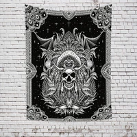 skull black white tarot skeleton devil wings mandala tapestry bohemian divination wall hanging occult home background cloth