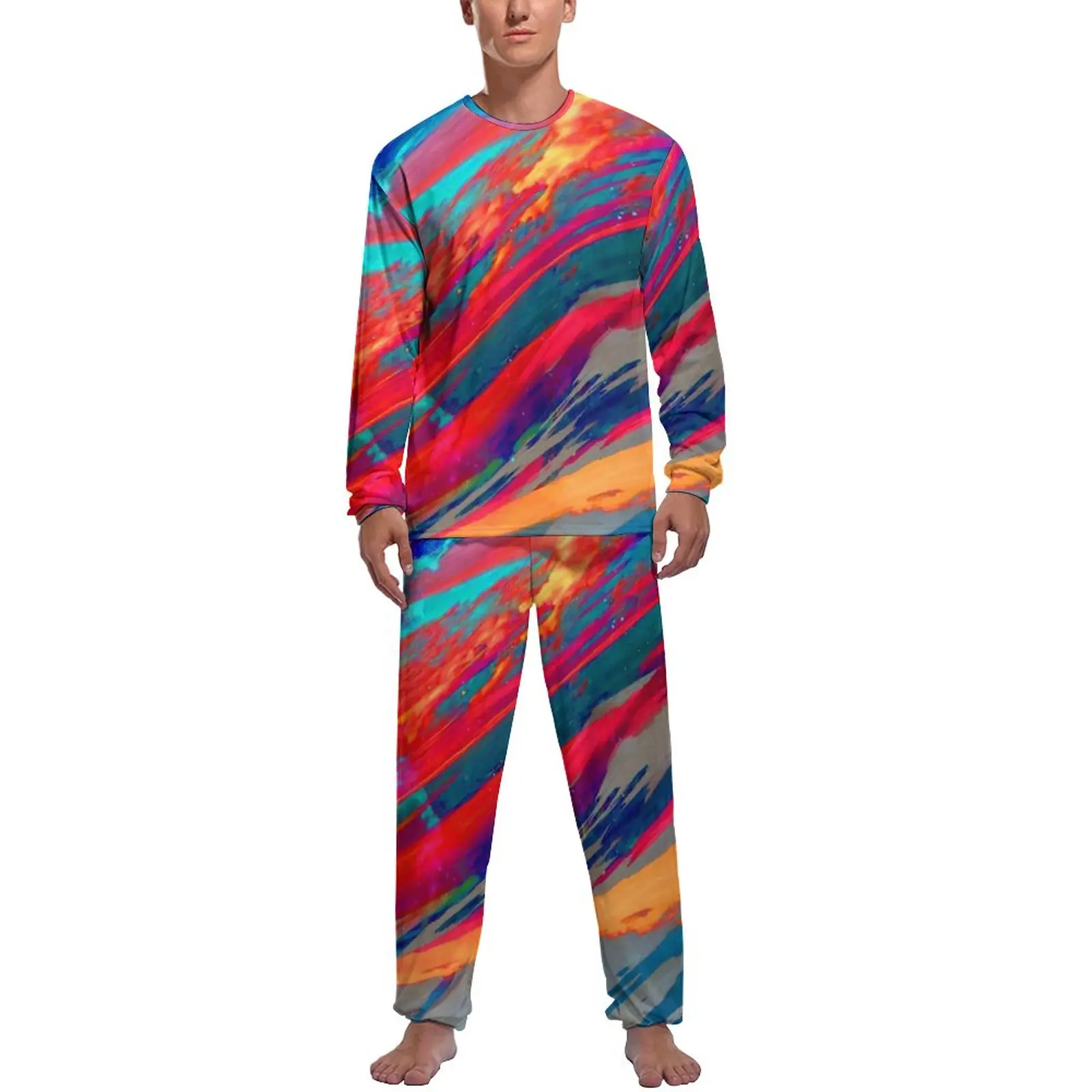 Abstract Sunset Pajamas Men Trippy Nebula Print Kawaii Nightwear Spring Long Sleeves Two Piece Casual Graphic Pajamas Set