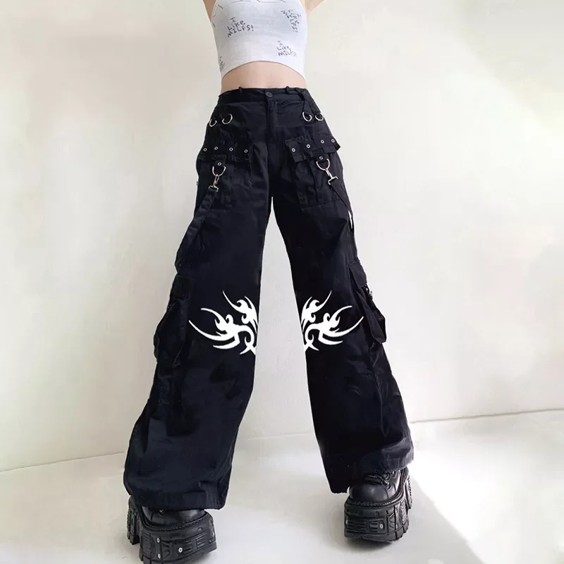

NEW 2023 Punk Style Cargo Pants y2k Printed Low Rise Wide Leg Trousers E-girl Grunge Emo Alt Clothes Women Vintage Streetwear