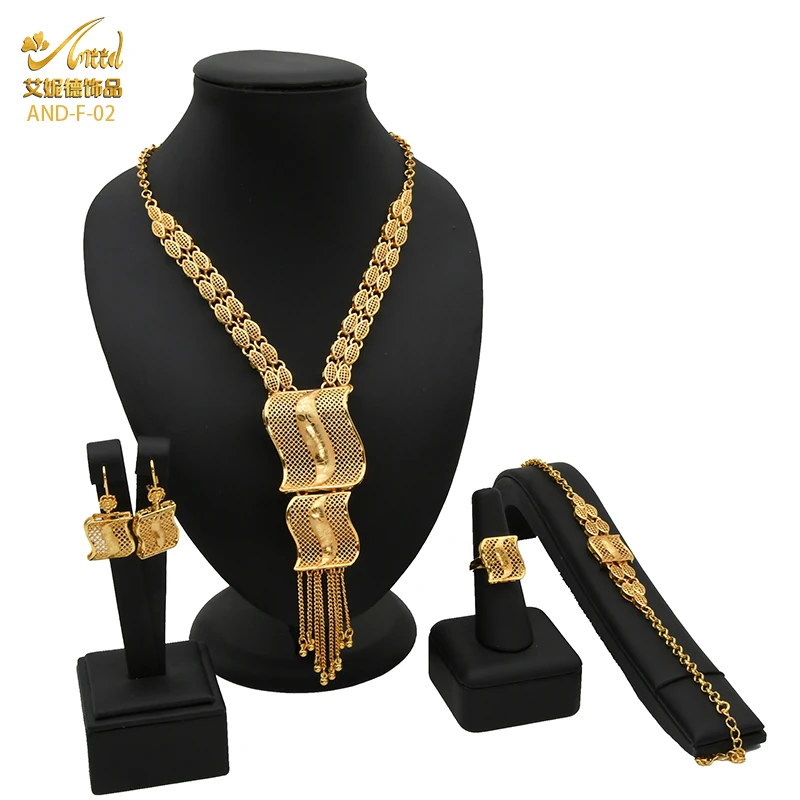 

ANIID African Dubai Jewelry Big Necklace Rings Set For Women Nigerian Bridal Wedding Party 24K Gold Color Ethiopian Jewellery