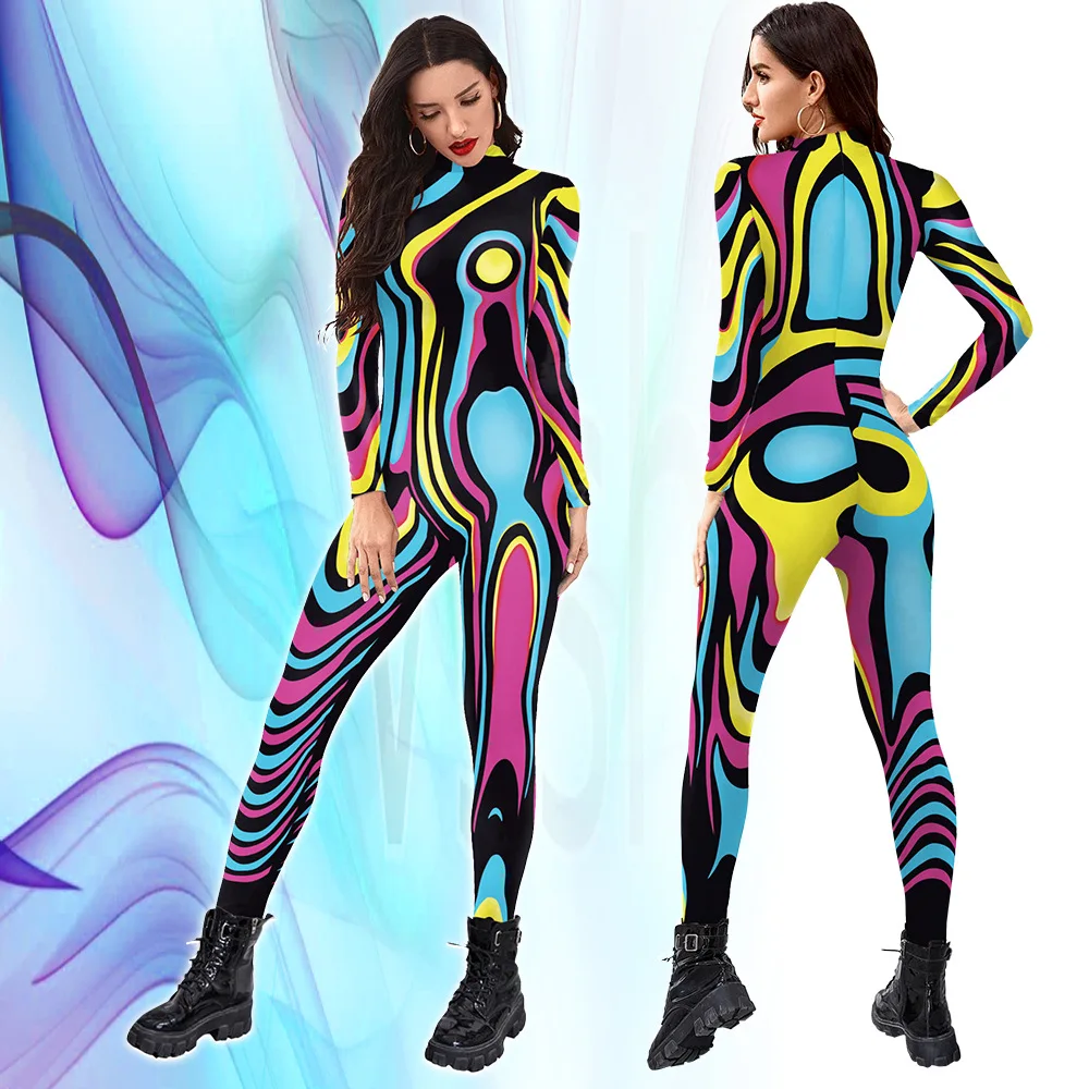 

Graffiti Multicolour Printing Women Holiday Party Jumpsuits Sexy Bodysuit Wear Cosplay Costume Catsuit Zentai Suit