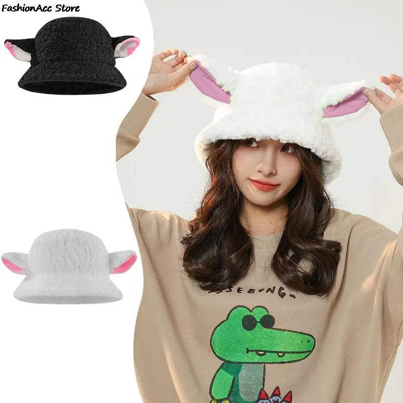 

Fashion Plush Bucket Hat Cute Cartoon Sheep Ear Hat Women Autumn Winter Warm Outdoor Fisherman Hat Caps