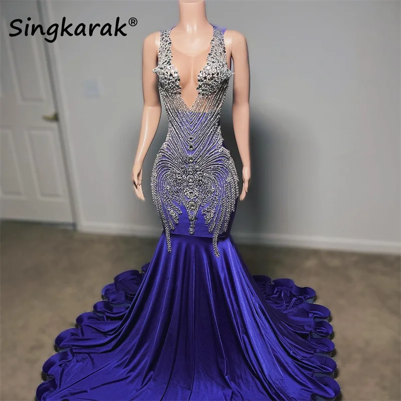 

Sparkly Purple Mermaid Prom Dress 2023 For Black Girls Mesh Crystal Rhinestones Evening Party Gown Robe De Bal