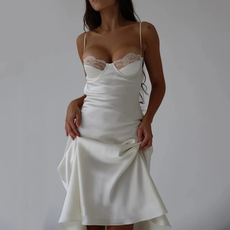 

hirigin Sexy Spaghetti Strap Backless Summer Dress Women Satin Lace Up Solid Long Dress Elegant Bodycon Party Dress 2022 Summer