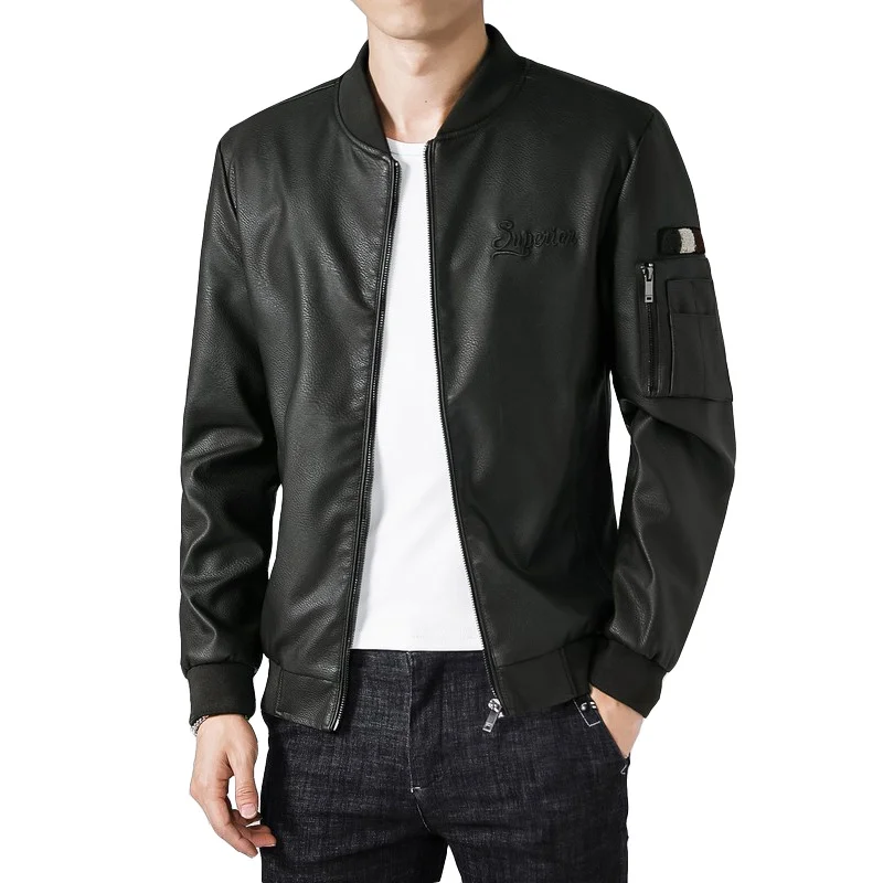 

Artificial leather baseball Tops men's autumn winter stand collar slim fit fleece thick coat/zipper wind proof and warm Pu coat