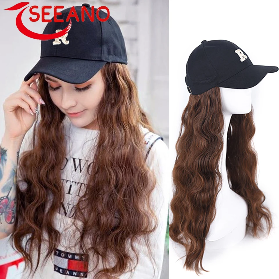 SEEANO Long Synthetic Hat Wig Hair Extension with Letter B One Piece Baseball Cap Ladies Adjustable Hat Wig Heat Resistant