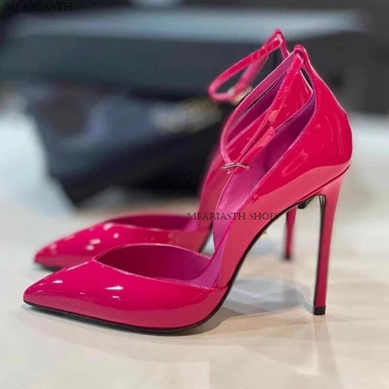 rose red Patent Leather Women Ankle Strap Stiletto Pumps Pointed Toe Sexy High Heel Shoes 8cm 10cm 12cm Customize 35-44