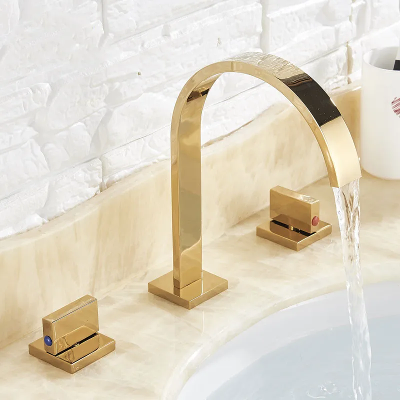 

Golden Bathroom Basin Faucet Hot and Cold Water Faucet Three Holes Two Handle Mixers Tap Deck Mount Wash Tub FauctesBasin faucet