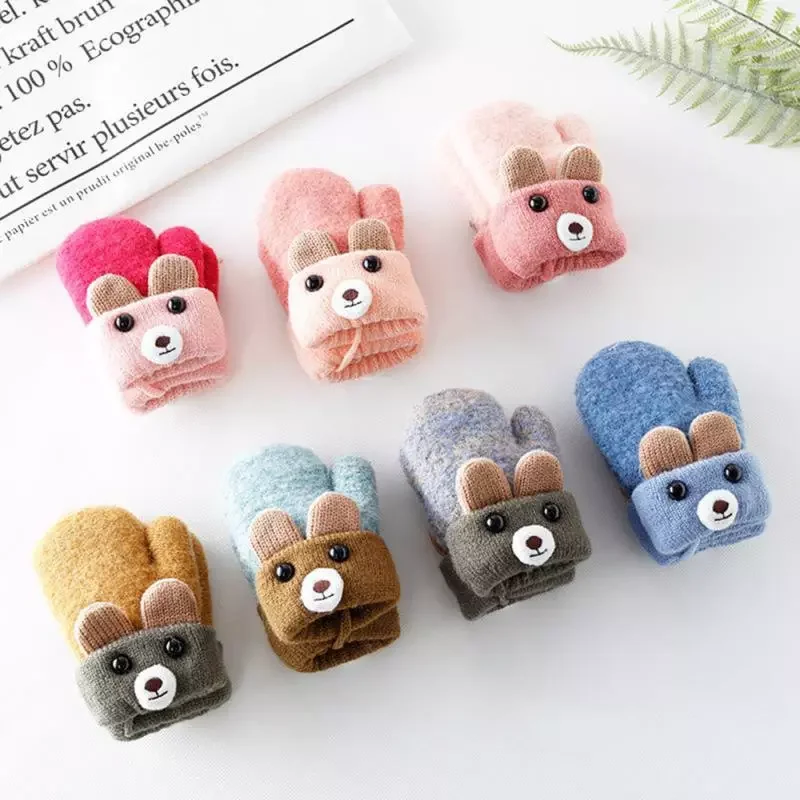 Gloves New 0-3 Years Cute Cartoon Bear Baby Boys Girls Gloves Winter Knit Wool Newborn Warm Mittens Velvet Thick Children