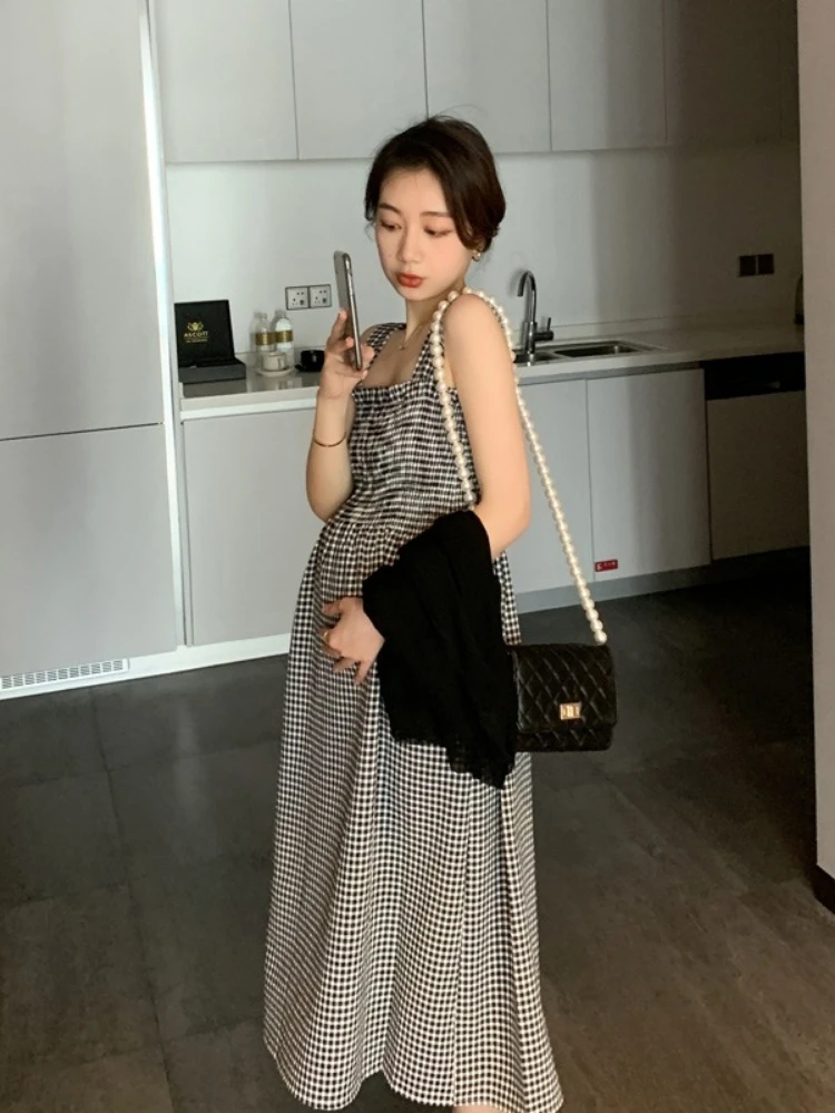 Pregnancy Clothes Black and White Plaid Maternity Dresses Cardigan Set Sun Protection Two-piece Summer Suit For Pregnant Women enlarge