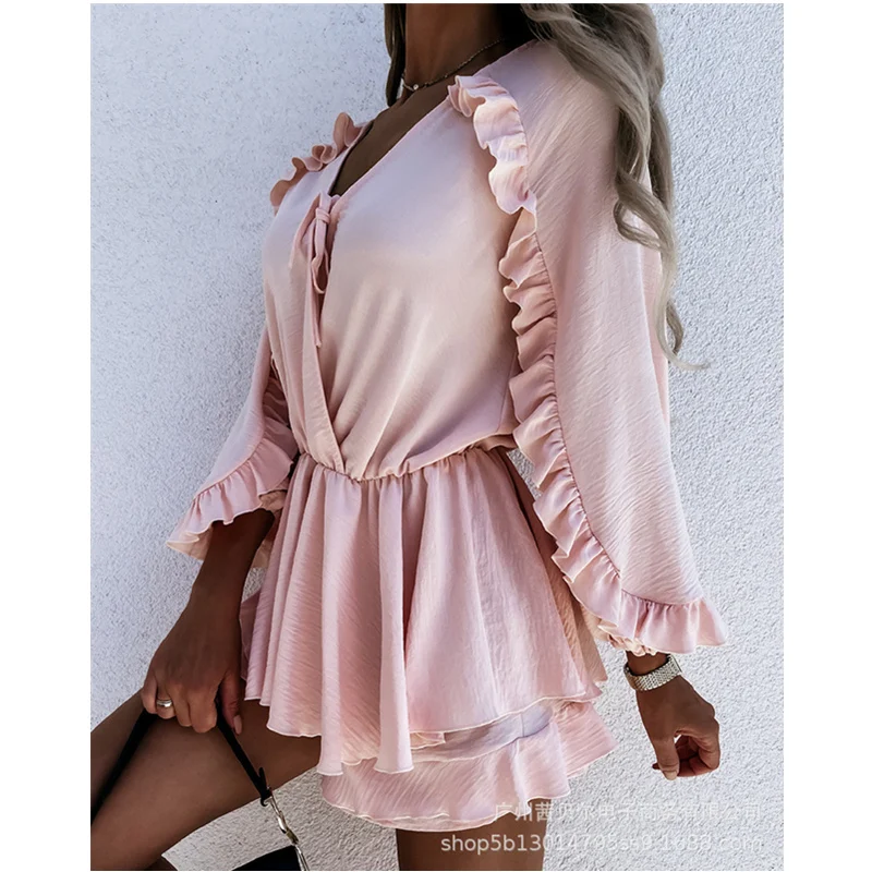 

2022 Fashion Harajuku Casual V Neck Drawstring Waist Ruffle Shorts Romper Streetwear Women Elegant Y2K Playsuit