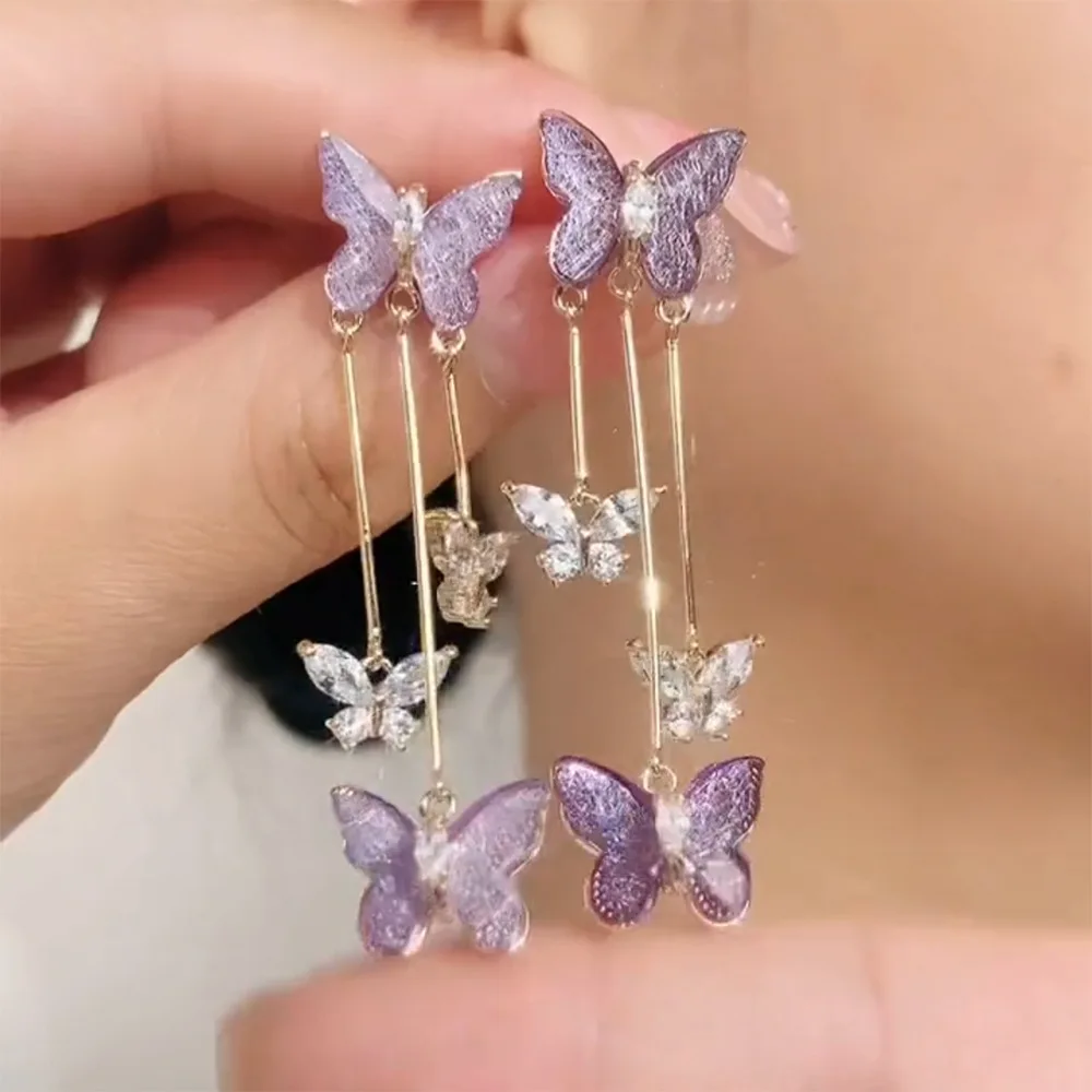 2023 New Fashion Trend Unique Design Elegant Delicate Purple Crystal Butterfly Tassel Earrings Women High Jewelery Wedding Gifts