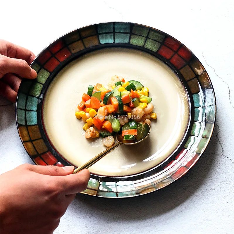 

Creative personality of ceramic tableware Kiln-changing glaze Western-style dish flat steak dish underglaze color hand-painted.