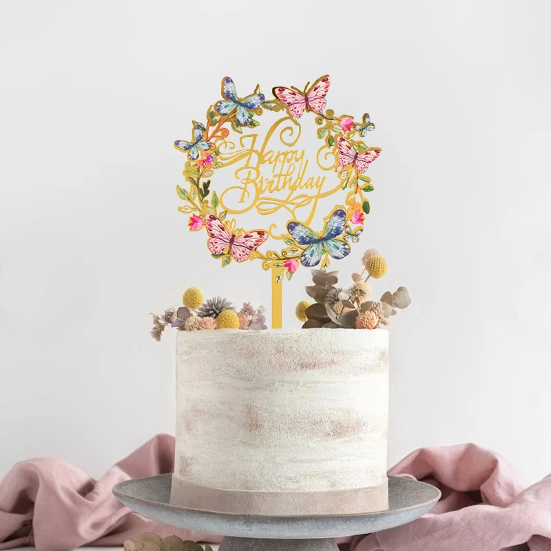 

1/3pcs Acrylic Happy Birthday Cake Topper Gold Butterfly Flower Cake Flag Insert Card Birthday Party Cake Dessert Decorations