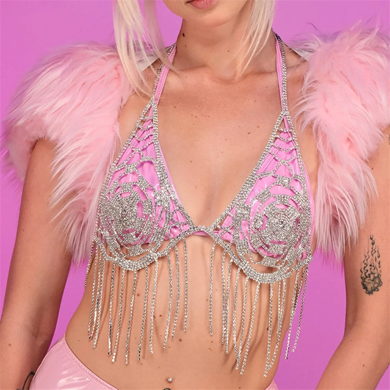 

New Elegant Fashion Rhinestone Long Tassel Chest Chain Wave Ladies Party Dinner Bling Crystal Sling Body Chain Jewelry Wholesale