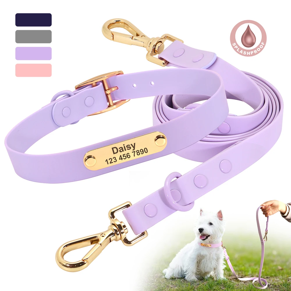 

Custom Dog Collar And Leash Set PVC Pet Collar Leash Waterproof Outdoor Dog Necklace Free Engraved For Small Medium Large Dogs