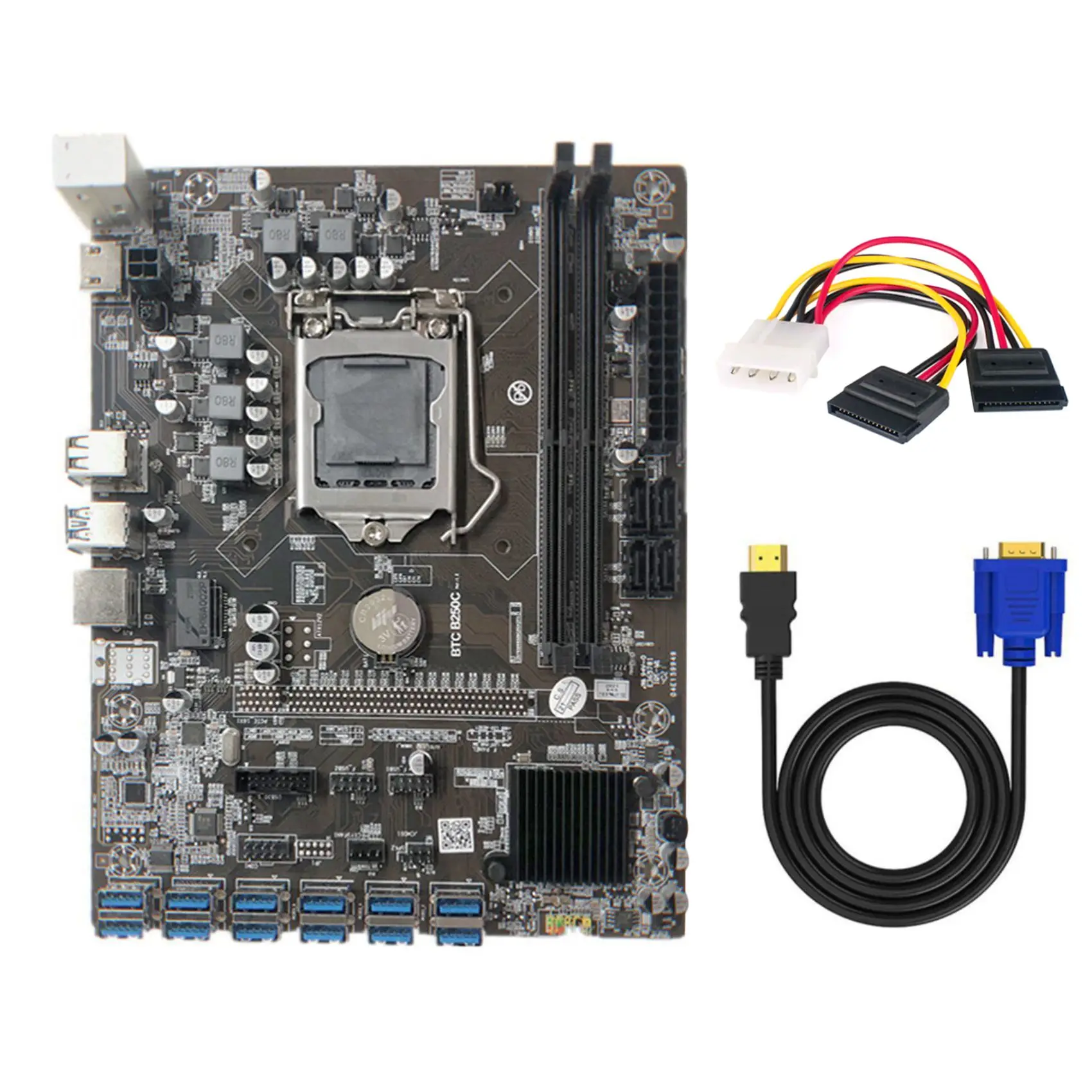 

Материнская плата B250C для майнинга с кабелем HD-VGA + кабель 4PIN на SATA, 12 PCIE на USB3.0 слот GPU LGA1151, поддержка DDR4 RAM