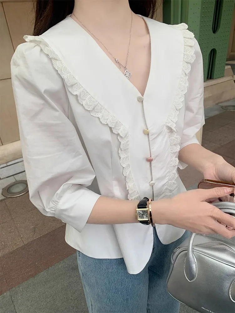 Элегантные модные белые рубашки с V-образным вырезом осенние женские пикантные