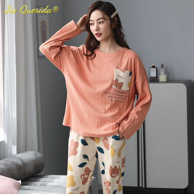 

Новые оранжевые хлопковые пижамы с цветочным принтом для женщин Ins, модные Kawaii пижамы 5XL, большие размеры, осенне-зимние комплекты для молоды...