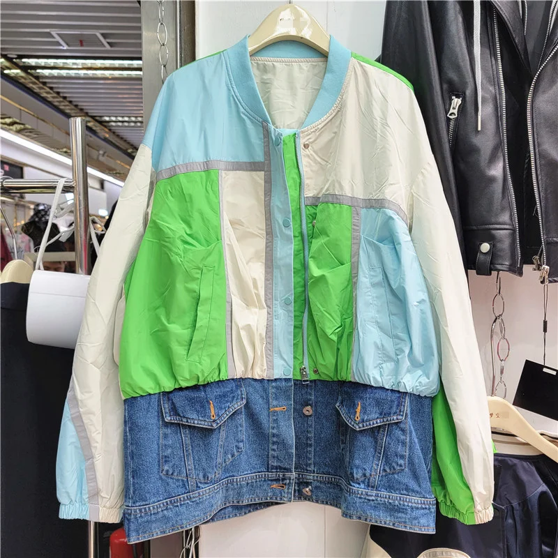 

European Casual Denim Patchwork Contrast Spring Coat Woman Jacket