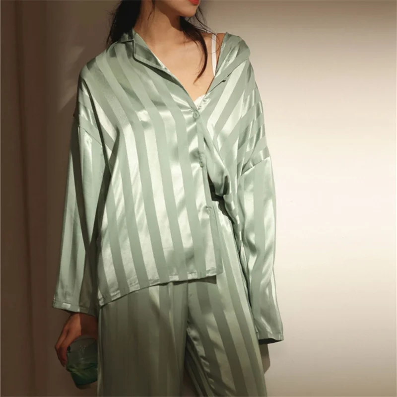 

CAIYIER Big Size M-5XL Women Nightwear Grid Stripe Luxury Ice Silk Pajamas Set Long Sleeve Soft Sleepwear Female Winter Homewear