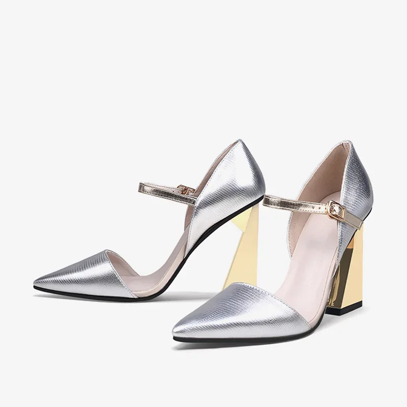 Серебряный ремешок с пряжкой 9 см очень высокий каблук специальной формы острый