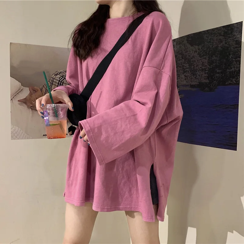 

Женская футболка, Женская Весенняя винтажная одежда в стиле Харадзюку, повседневный Топ с длинным рукавом и разрезом, футболка оверсайз, же...