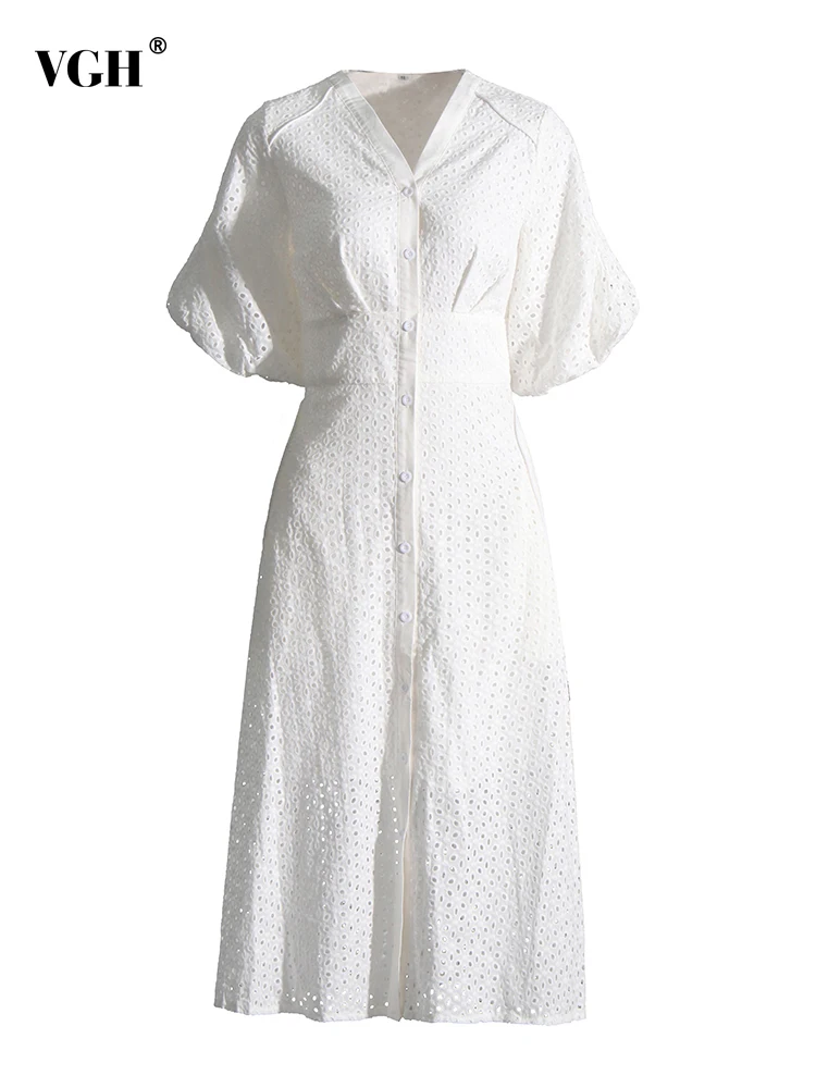 

VGH Elegant Solid Dresses For Women V Neck Short Puff Sleeve High Waist Al Ine Cut Out Embroidery Dress Female 2023 Fashion New