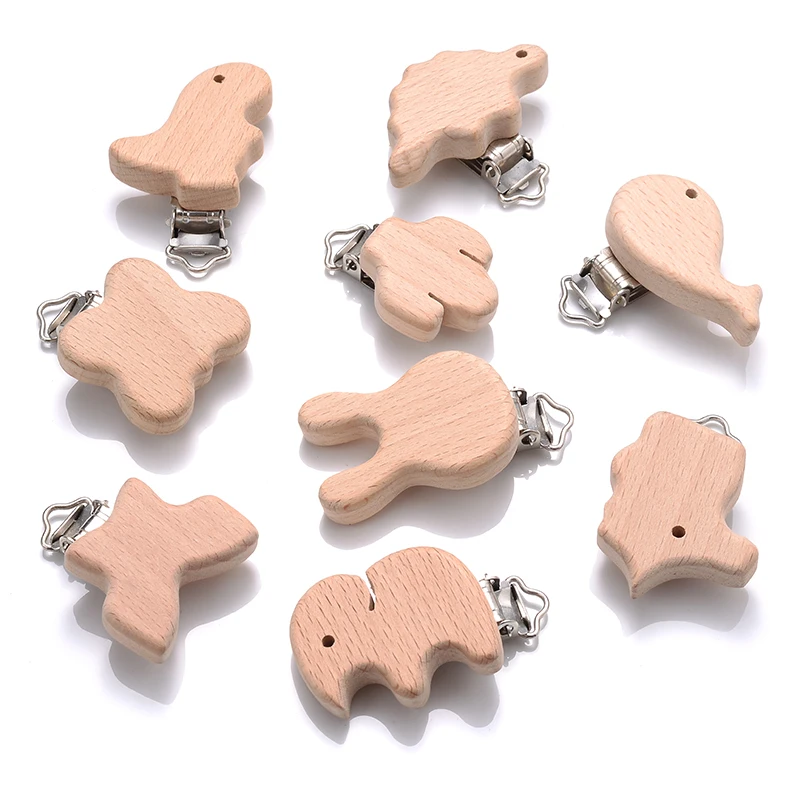 10Pcs/Lot Beech Wooden Clips Cartoon Rabbit Fish Butterfly Shape Dummy Nipple Clips for Baby Pacifier Chain Teether Accessories