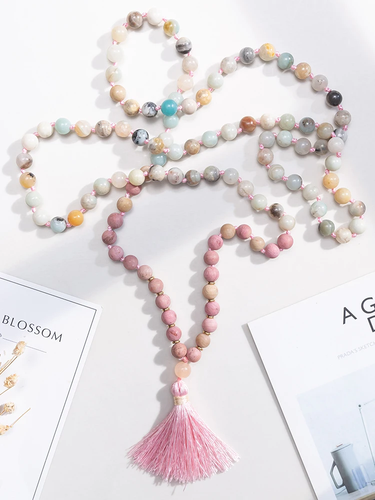 

OAIITE Natural Stones Amazonite Rhodonite Mala Necklace for Women Men Japamala 108 Prayer Necklace Meditation Fashion Jewelry