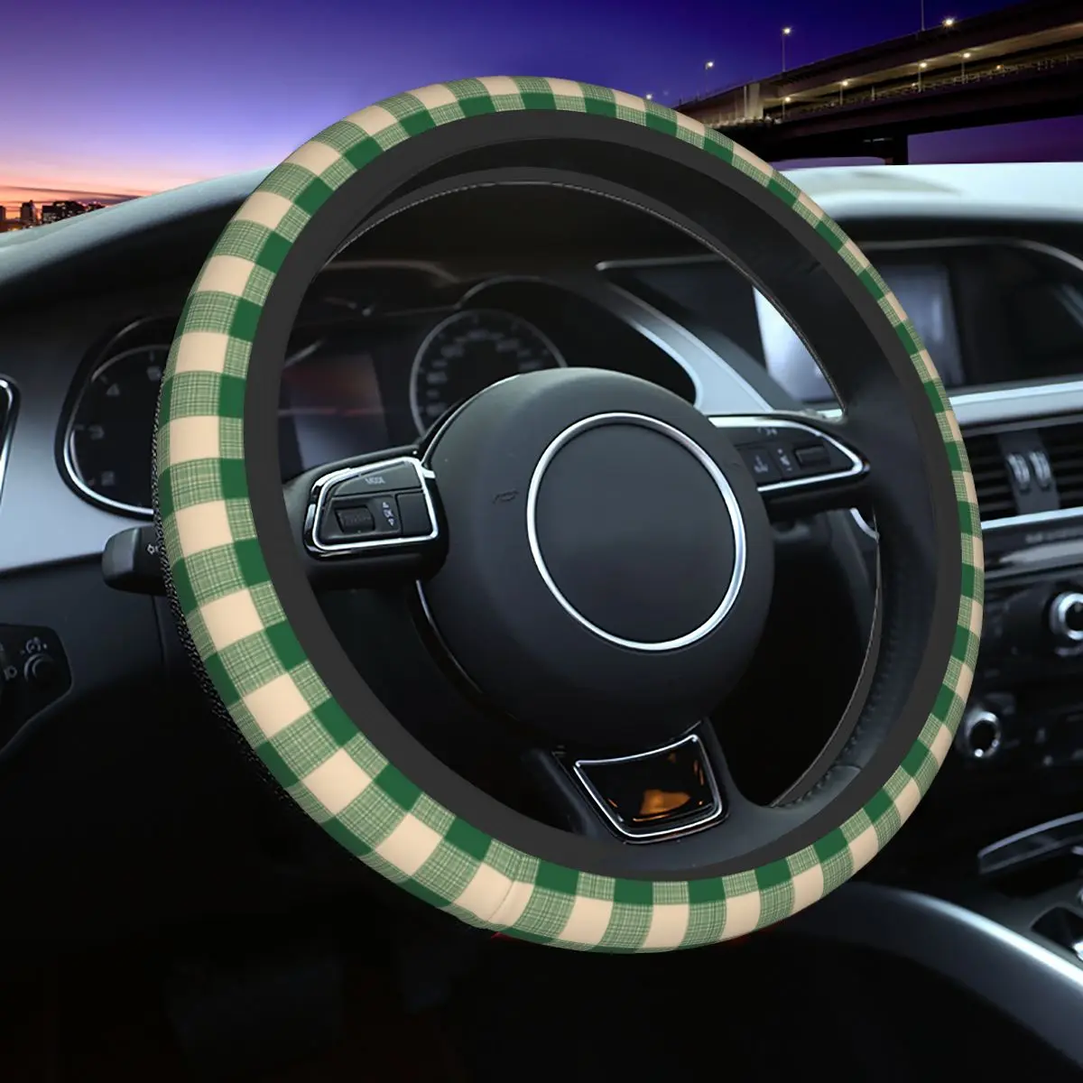 

37-38 Car Steering Wheel Covers Modern Green Plaid Elastic Nordic Auto Decoration Colorful Automobile Accessory