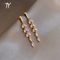 shiny zircon tassel leaf shape gold color earrings for womans new fashion jewelry wedding party unusual girls luxury earrings