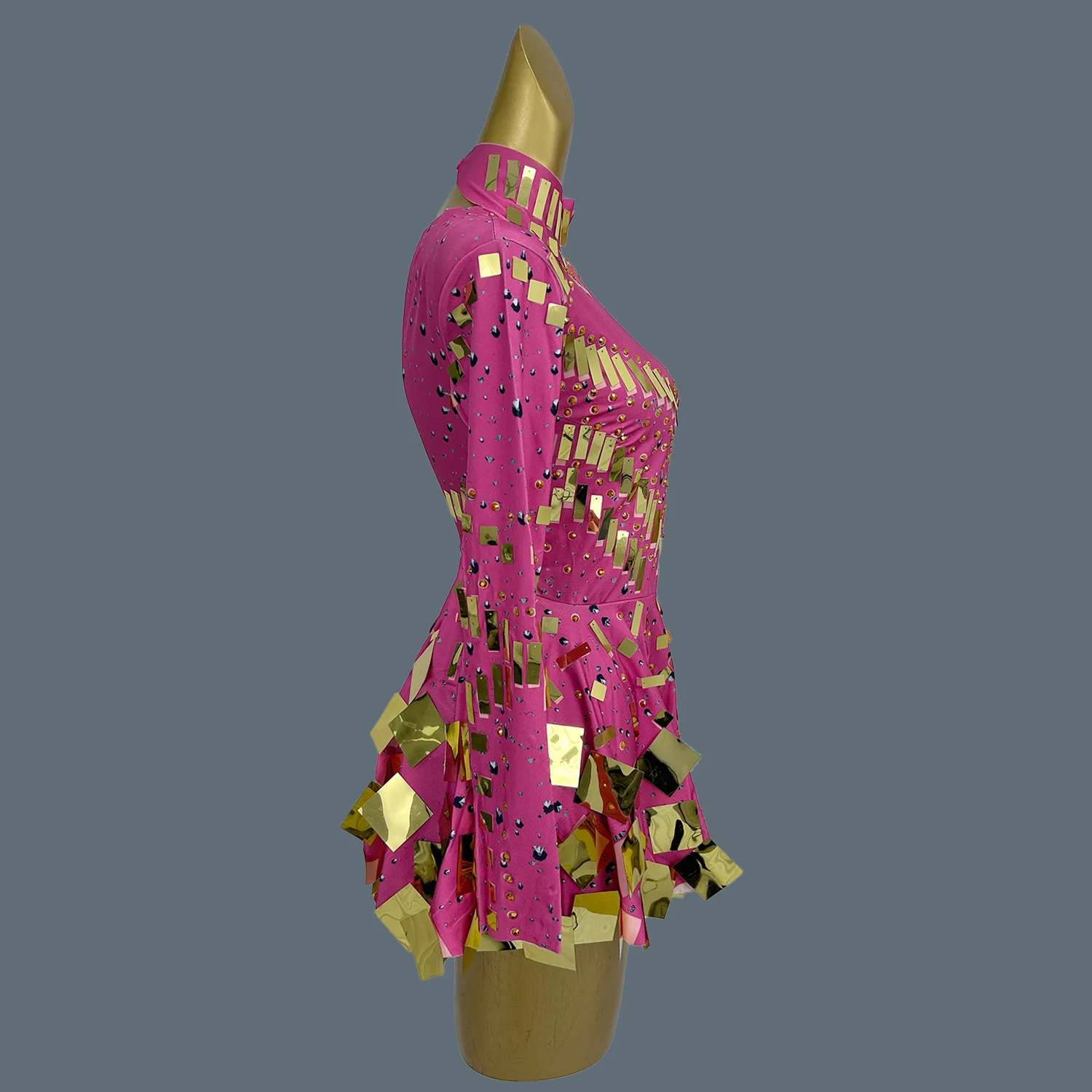 Блестящие кристаллы зеркала плиссированное платье с длинными рукавами женское