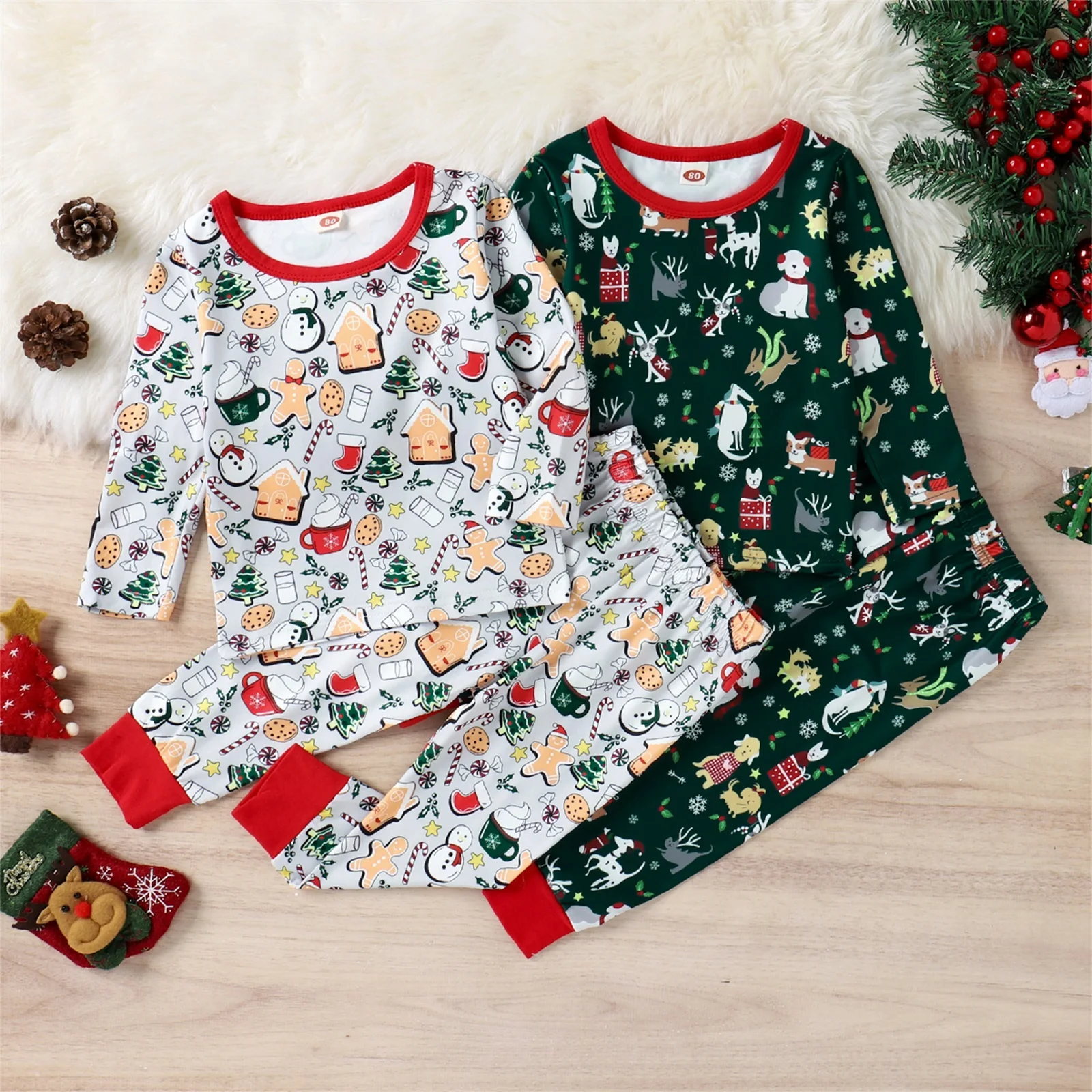 

TR New Autumn Christmas Kids Toddler Baby Boys Girls Outfits Long Sleeve Cartoon Print Tops + Elastic Waist Pants Xmas Set