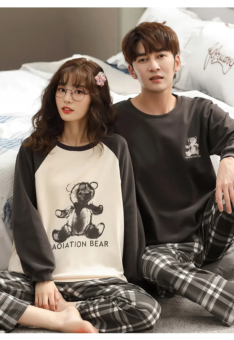 Yasuk Spring Autumn Fashion Women's Casual Soft Cotton Sleepwear Homewear Couple Pajamas Set With Pants Plaid Bear Unisex