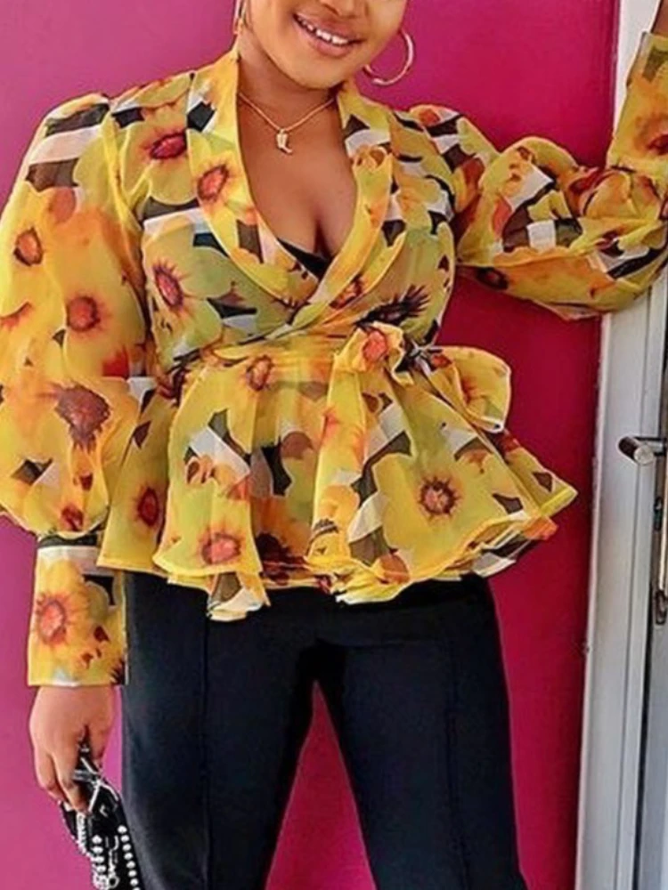 

Women Blouse Tops Shirts Printed Floral See Through Peplum Sexy V Neck Long Lantern Sleeves Yellow Autumn New Fashion Lady Bluas