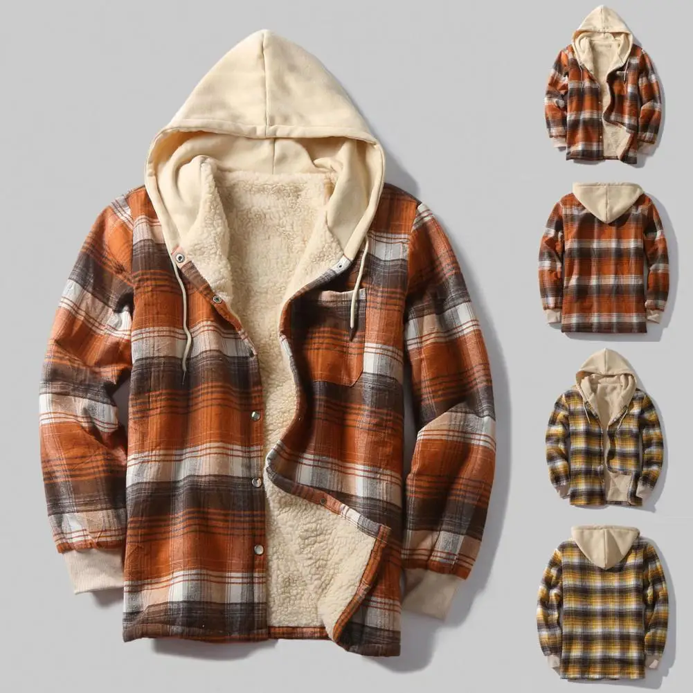 

Men Winter Coat Plaid Print Hooded Soft Warm Plush Long Sleeve Coat Single-breasted Loose Drawstring Winter Jacket