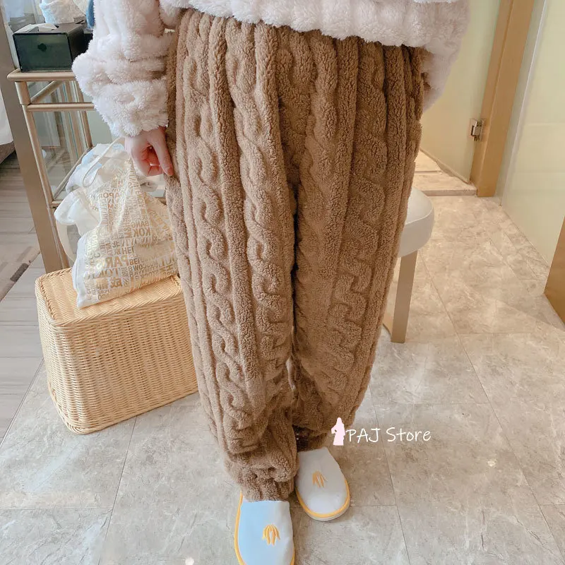 Women Contrast Color Winter Flannel Warm Pajamas Set Thickness Sleepwear Suit Soft Pajamas for Female Pant 2 Pieces Sweater