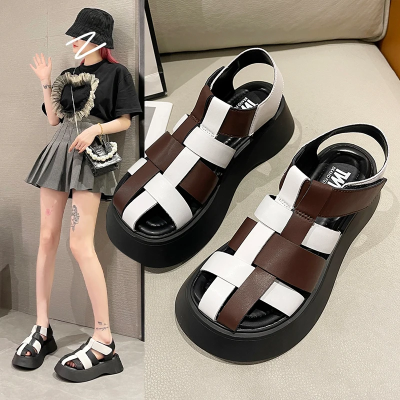 

Женские сандалии 2022, летняя Женская обувь в стиле ретро, эспадрильи на платформе, универсальные Сабо средней высоты с каблуком для девушек, ...