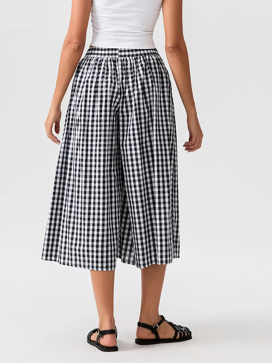 Женские клетчатые Капри брюки-Капри с эластичным поясом и широкими штанинами