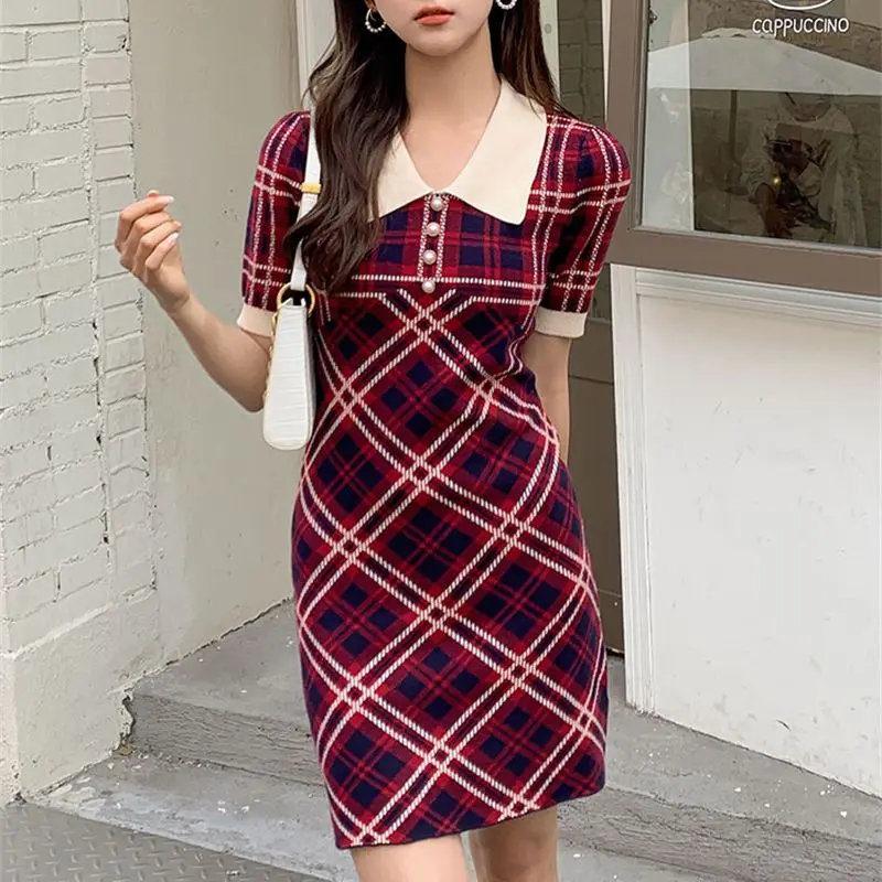 

Vintage Short Sleeve Plaid Print Mini Dresses Women 2023 Summer Elegant Classic Polo Collar Slim Knitted Dress Lady Clothes P897