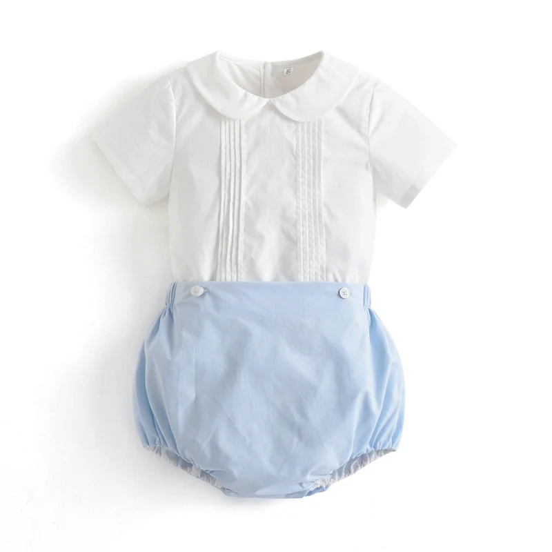 2023 Summer Baby Boy Spanish Clothes Set Children White Cotton Shirt Peter Pan Collar Blue Linen Shorts Bloomers Outfits