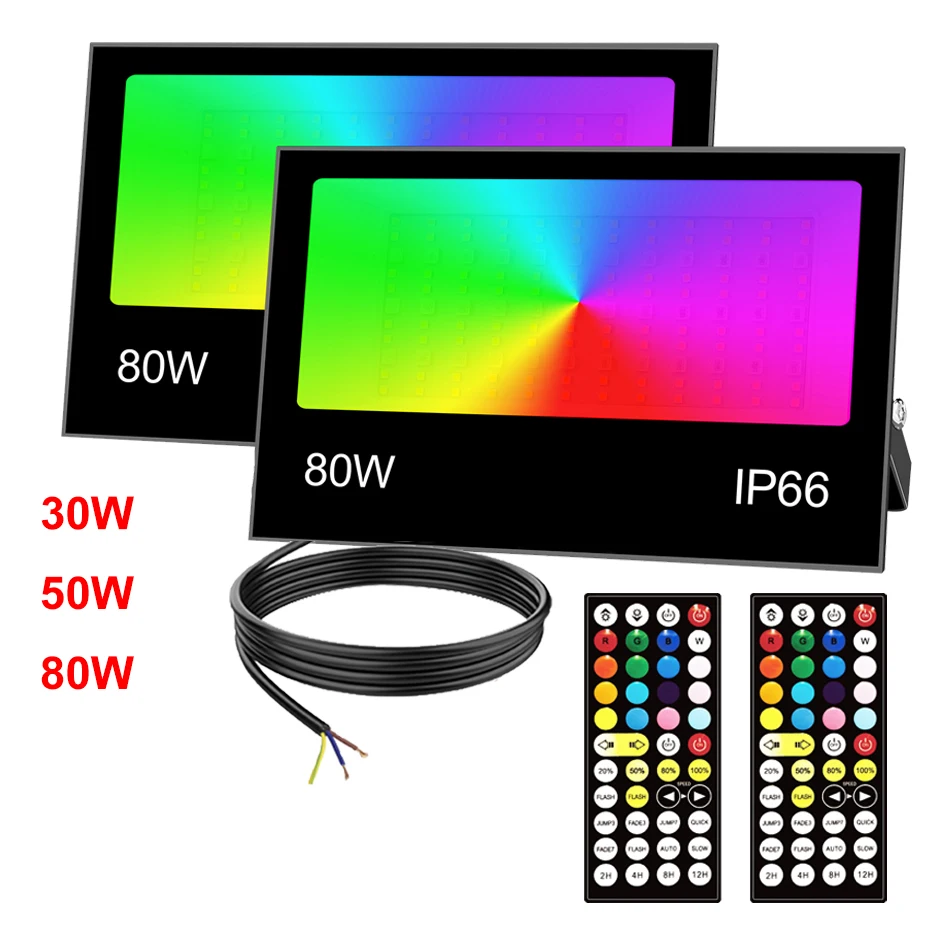 Фото 2 шт. RGB LED прожектор 30Вт/50Вт/80Вт, водонепроницаемый IP66, для улицы и сада, AC85-265В, RGB+WW 2700K, светодиодный уличный фонарь. №1