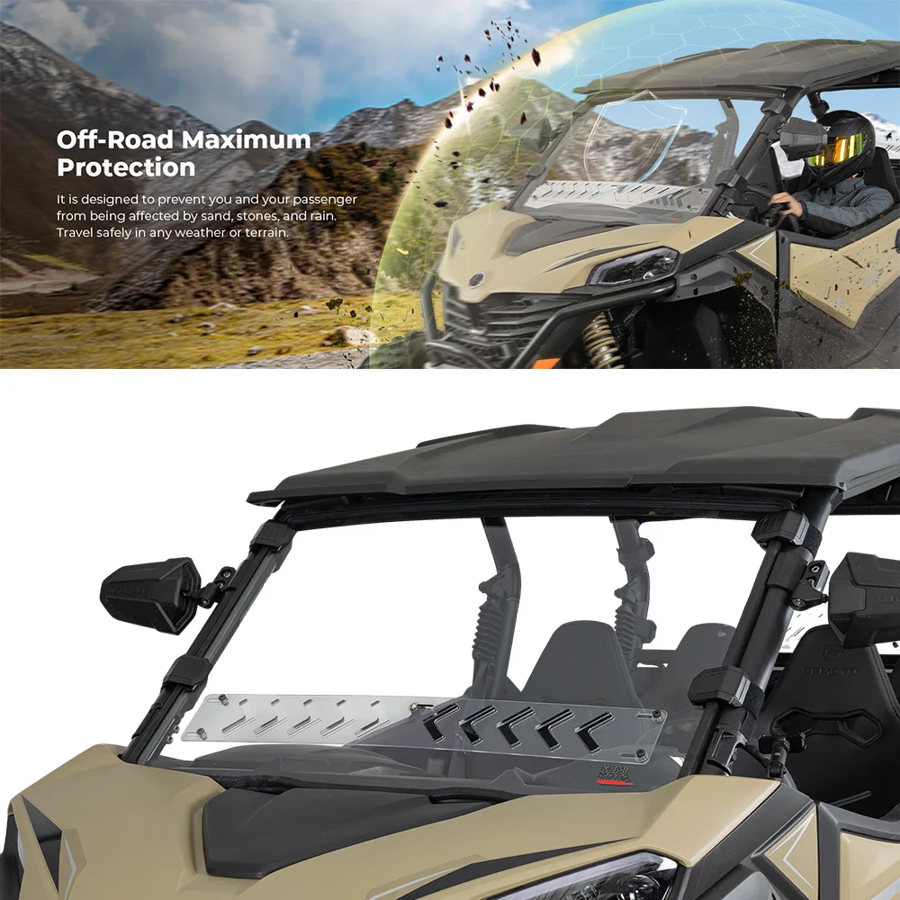 

Переднее лобовое стекло для CFMOTO ZForce 950 4 Trail 800 2023-2025 с регулируемым вентиляционным окном 2 в 1, UTV, прозрачное ветровое стекло для ПК